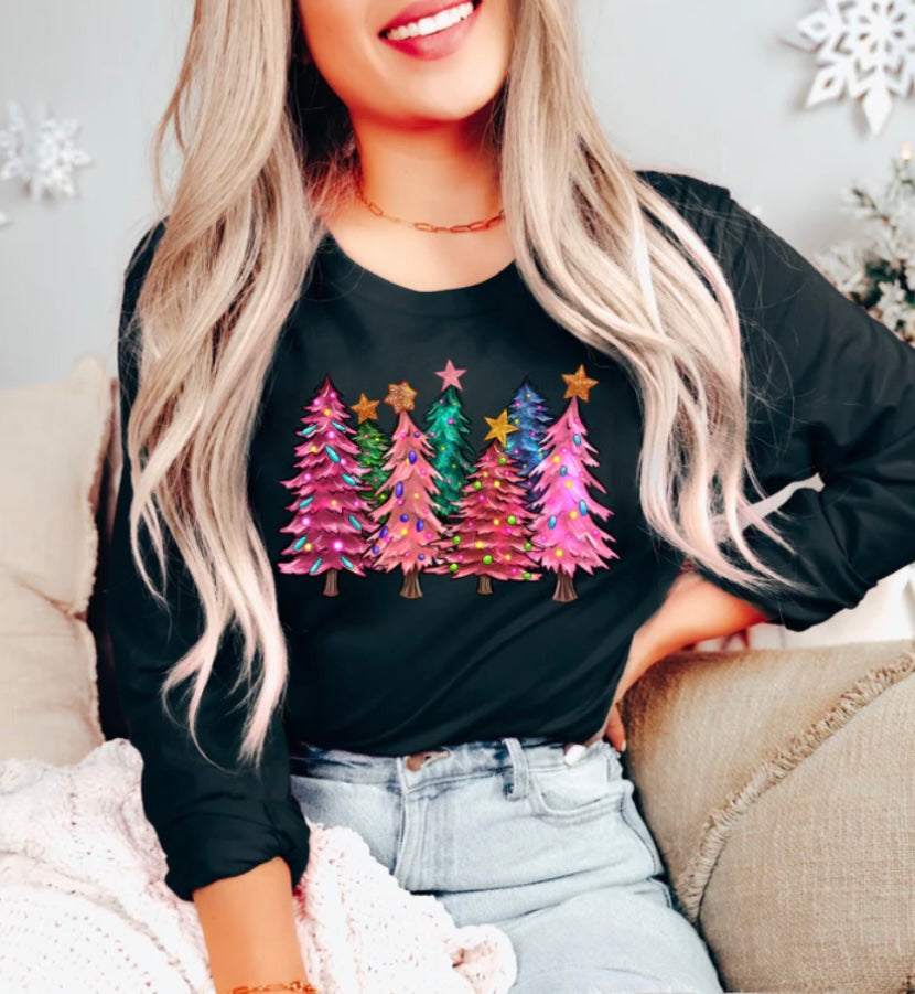 Pink Shimmer Christmas Trees Long Sleeve Graphic Tee