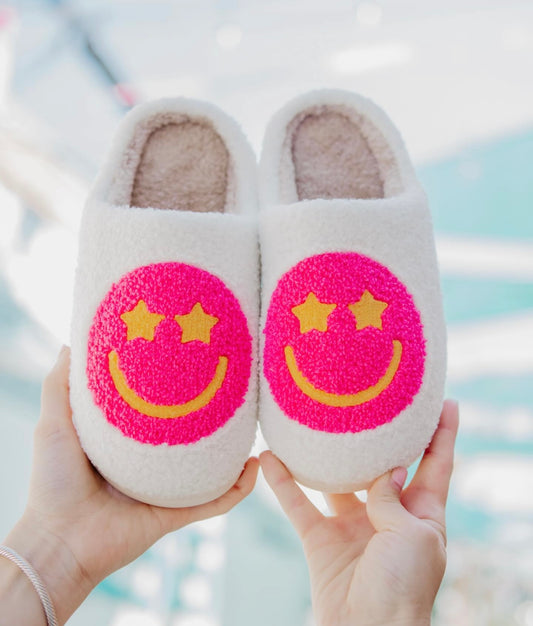 HOT PINK STAR EYED HAPPY FACE SLIPPERS