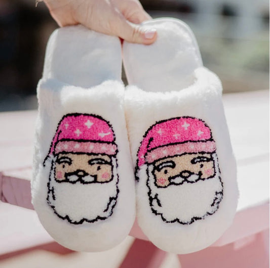 PINK SANTA FACE HAPPY FEET SLIPPERS