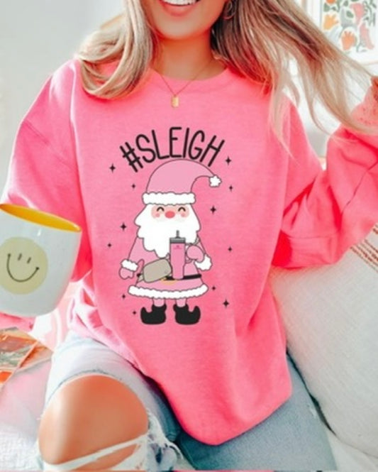 Sleigh Pink Santa Graphic Pullover Sweatshirt