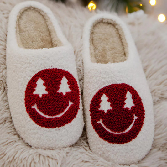 RED CHRISTMAWS TREE EYES HAPPY FACE SLIPPERS